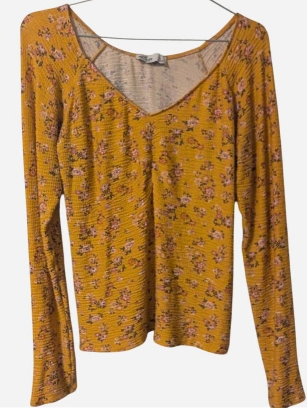 Hollister Mustard Yellow Floral Long Sleeve Shirt w/ Cinched Detail, Size L